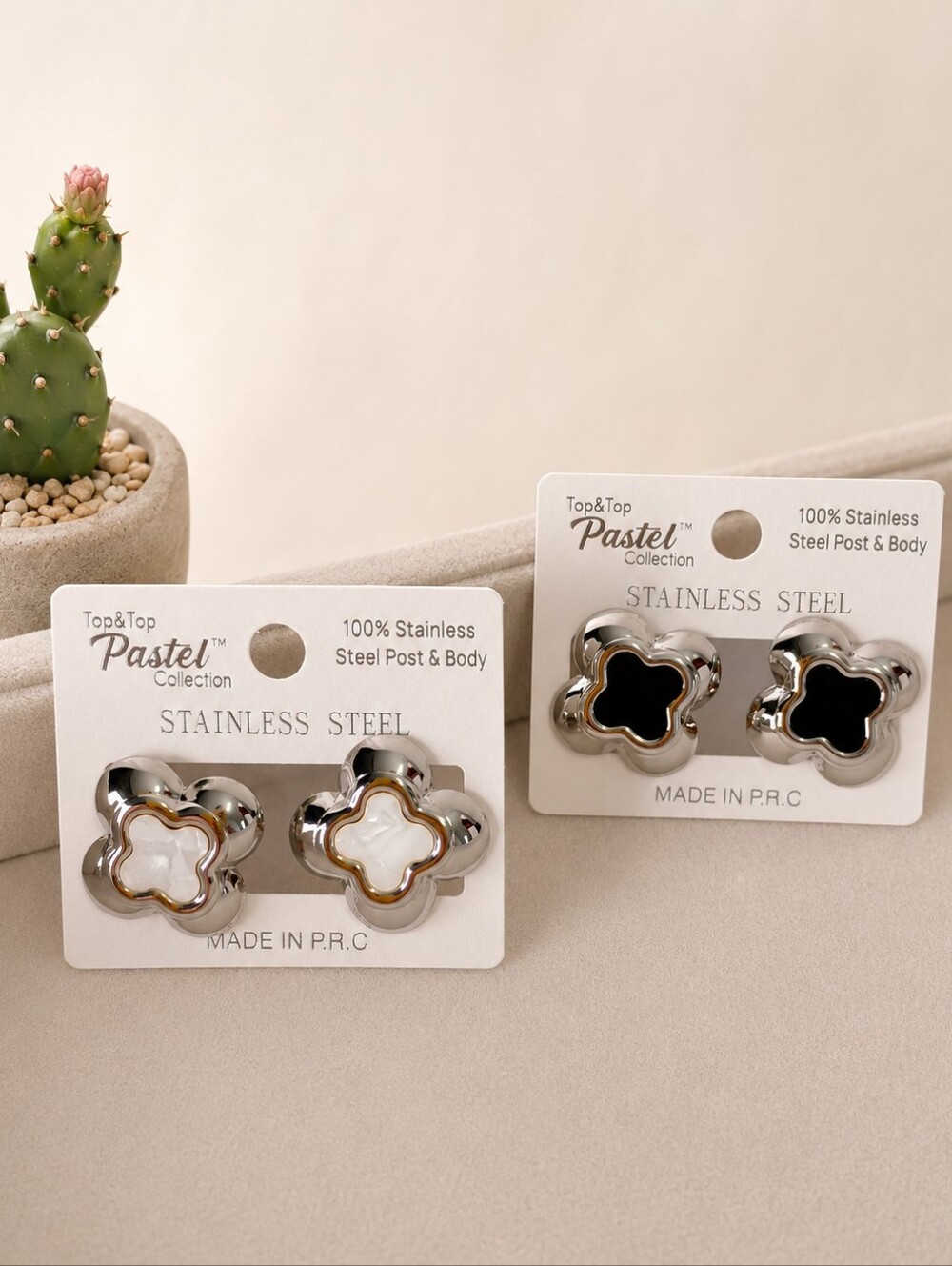 Women's Stainless Steel Clover Stud Earrings – Black & White 2 Pair Set